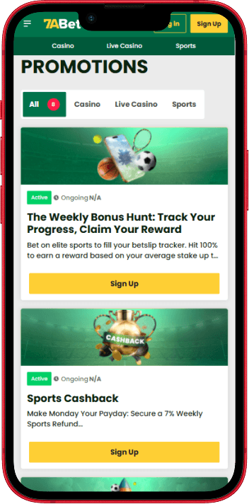 7aBet bonus offers page showing casino and sports promotions